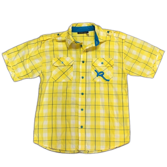 RocaWear Yellow Blue Plaid Short Sleeve Button Front Shirt Size M (10-12) Boys - Picture 1 of 13